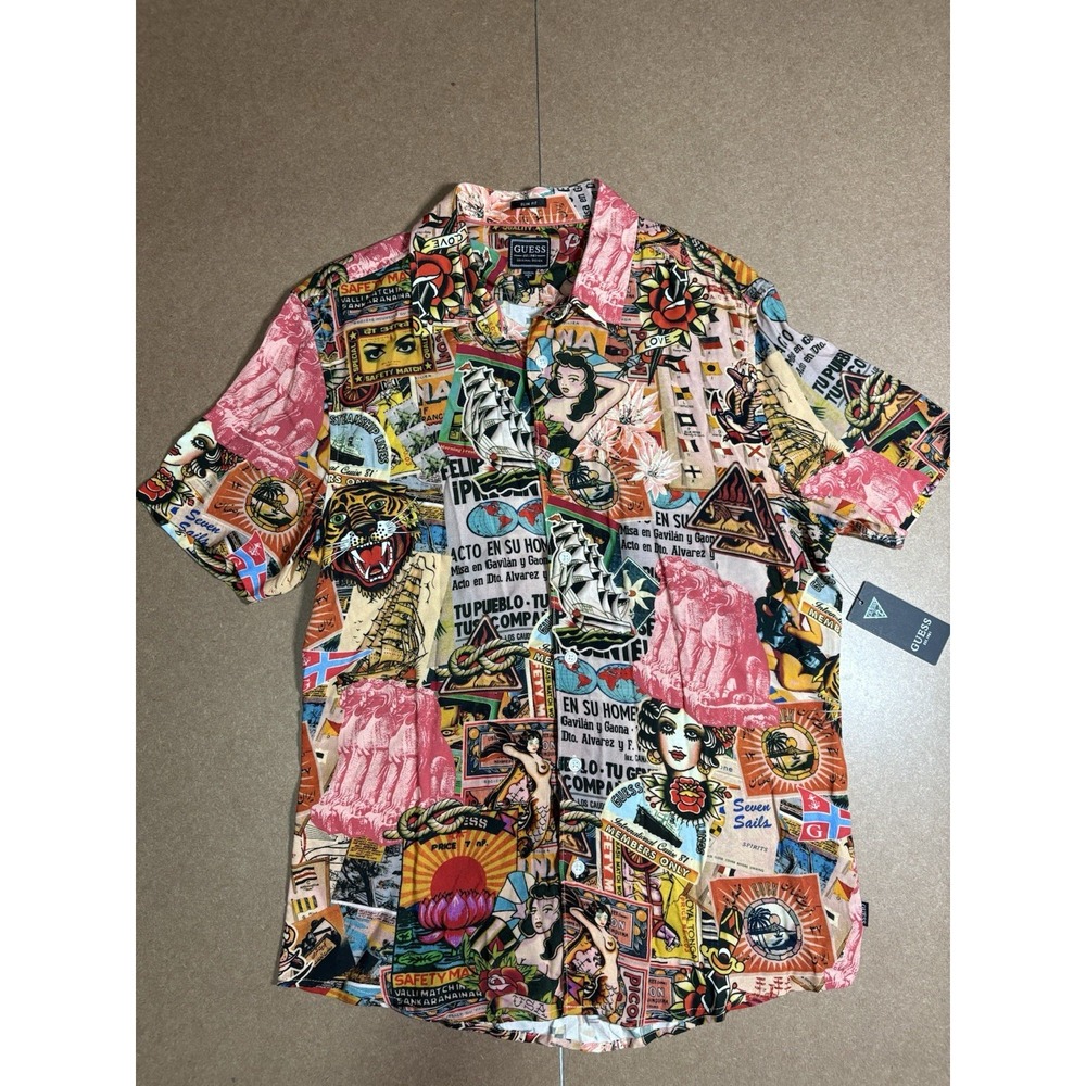 Guess Originals Slim Fit Sailor Tattoo Flash Print Button Up Shirt Men's S NWT